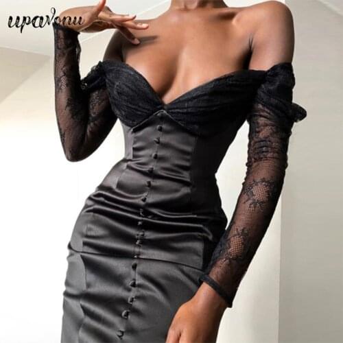 Free Shipping Black Sexy Lace Stitching Satin Dress Womens Bubble Long Sleeve Bodycon Celebrity Club Party Mini Dress Vestidos