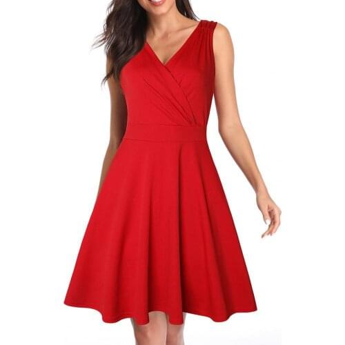 ORIYA Red Pleated Plain Solid Vintage Dress Women Wrap V-Neck Belted Elegant Party Retro Cotton Summer Dresses 50s 60s Vestidos