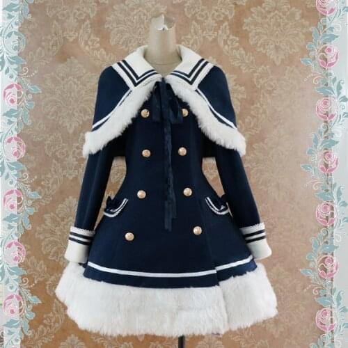 Winter Coat Navy Blue Lolita Fury Cape Woolen Dress Sailor Retro Military Style Double-breasted Halloween For Women New