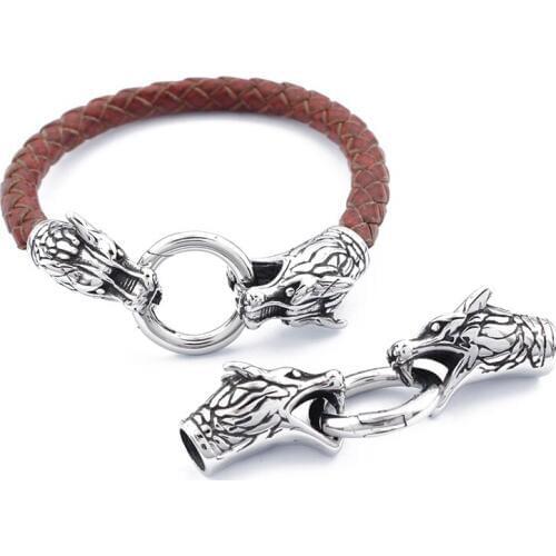 1set Stainless Steel Dragon Head Bracelet Connector Clasps For 6mm Round Leather Cord Bracelet End Jewelry Accessories