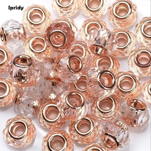 10pcs/lot 14mm Plating Golden Color Brass Core European Large Hole Glass Beads for Jewelry Making DIY Accessories