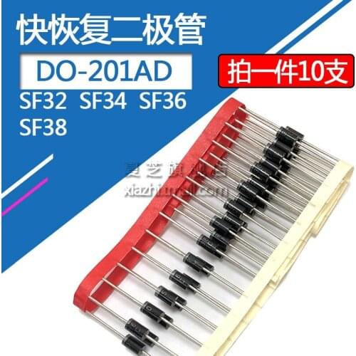10pcs/lot SF32 fast recovery diode SF34 SF36 SF38 3A/100V 3A/400V straight plug DO-201AD