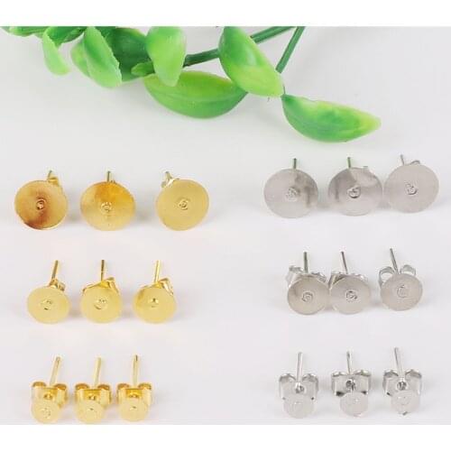 100 set Metal Earring Back Earring Stud Set Fit 4 6 8mm Rhodium Gold Plating Earring Post Flat Base Pins DIY Earring Accessories