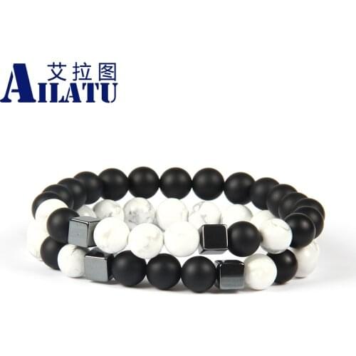 Ailatu Wholesale 10 Pieces 8mm Onyx and White Howlite Marble Stone Square Beaded Couples Distance Bracelet Fashion Lover Gift