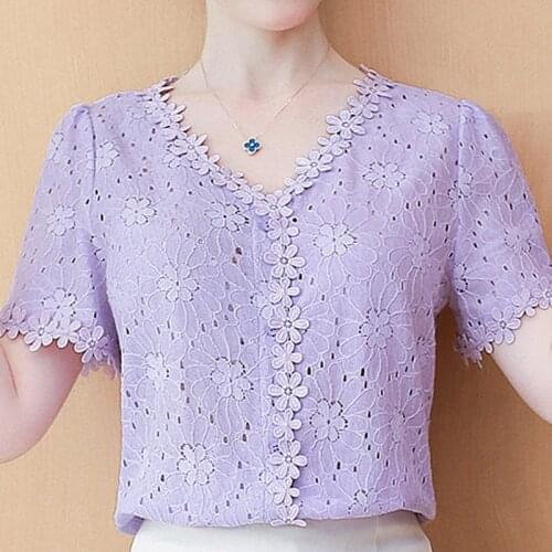 Blouses Femme Blusas Summer Short Sleeve Blouse Women Blusas Mujer De Moda 2021 Verano Hollow Lace Blouse Shirt Women Tops E722