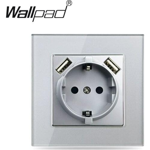 Silver EU Socket with USB Outlet Wallpad Crystal Glass 220V 16A EU Wall Power Supply with 2 USB Charging Ports Claws Back Round