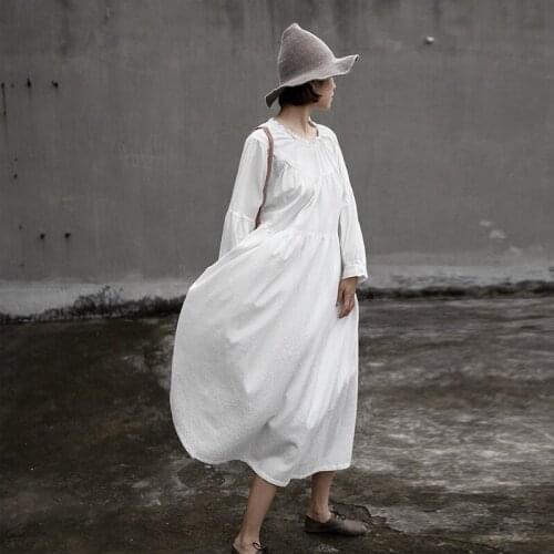 Johnature Autumn Solid White O-neck Lantern Long Sleeve Women Dress 2021 New Fashion Loose Retro Cotton Linen Dresses