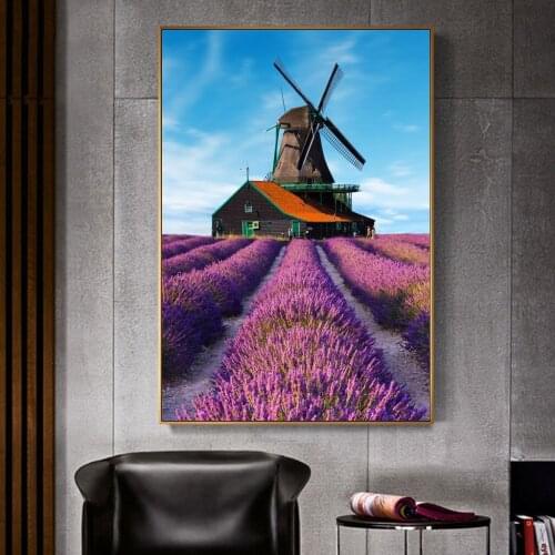 Home Decor Painting Lavender windmill Idyllic scenery wall art print on canvas modern painting living room decor picture