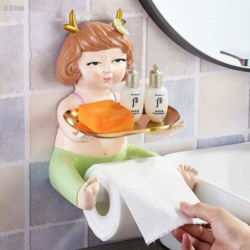 Creative Cartoon Girl Tissue Holder Toilet Bathroom Wall-mounted Rack Resin Character Sculpture Tissue Storage Box Birthday Gift