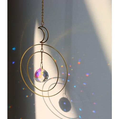 Metallic Hoop Moon Ring Rainbow Crystal Prisms Hanging Rainbow Chaser Window Curtains Pendant Home Decor Gifts