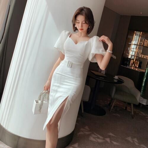 Summer V-neck Midi Wrap Short Puff Sleeve Dress Ladies White Backless Dress Women 2021 Fashion Sexy Dress for Woman Vestidos