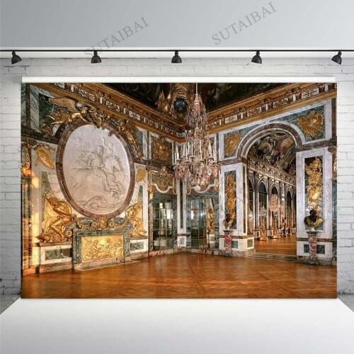 Luxurious Gold Palace Crystal Chandelier Arch Door Wedding Photography Backgrounds Vinyl Indoor Photocall Photo Studio Backdrops