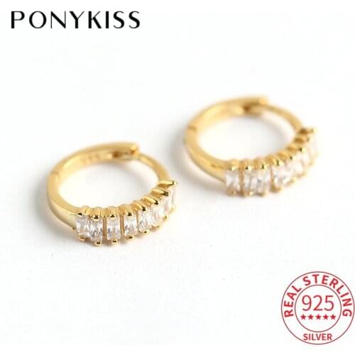 PONYKISS Trendy S925 Sterling Silver Square Zircon Minimlist Hoop Earrings for Women Party Delicate Elegant Accessory girls Gift