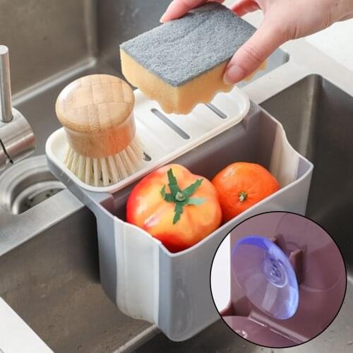 Kitchen Sink Strainers Drain Rack Basket Foldable Telescopic Suction Cup Kitchen Hanging Trash Can Soap Sponge Holder Drainer
