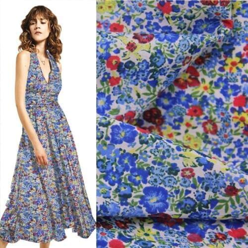 Light blue small calico design silk and cotton fabric floral print,SCT392