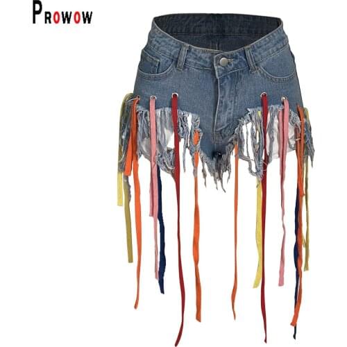 Prowow Women Denim Shorts Pant Fashion Colorful Tassel Jeans for Woman 2021 New Summer Female High Street Trousers Outfits
