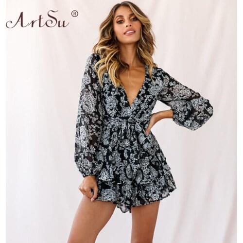 ArtSu 2021 Women Elegant Deep V-Neck Floral Print Party Playsuit Long Sleeve Ruffles Sexy Summer Overalls Streetwear Jumpsuit