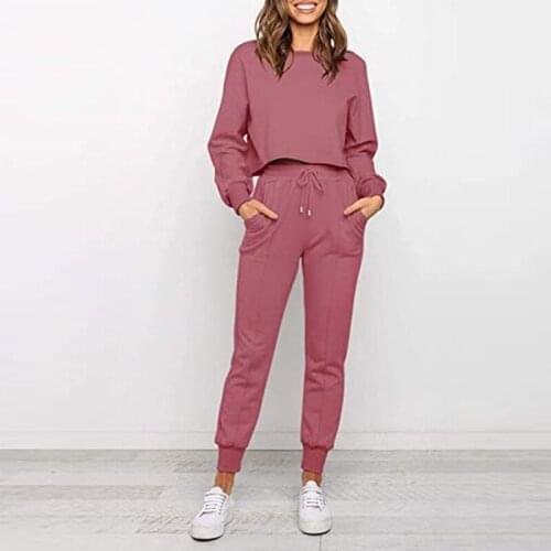 Female Streetwear Tracksuits Sweatshirt +Lace Up Long Sweatpant Suits Casual Solid 2 Piece Set Women Outfit Streetwear Tracksuit