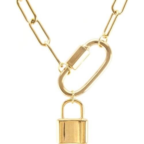 Stainless steel Women Lucky lock Coin Saint gold color necklace Carabiner hook charm clasp Long choker