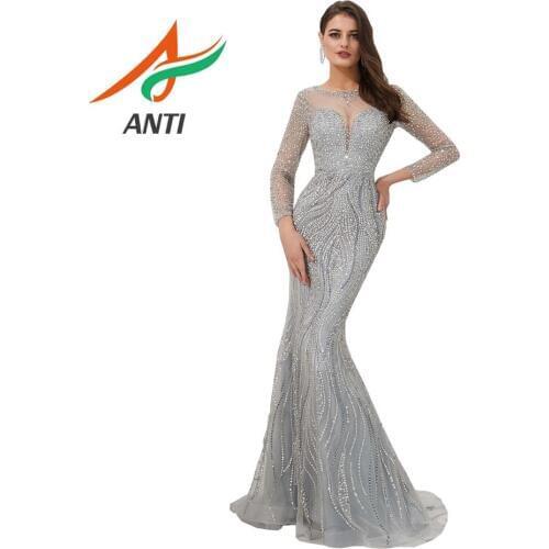 ANTI Sparkly Sequined Silver Arabic Evening Dress Long Sleeves Beading Long Prom Dresses Dubai Turkish Kaftan Formal Party Gowns