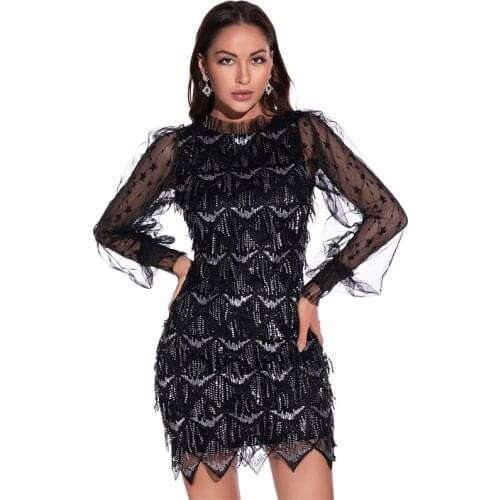 Ziamonga Sparkle Tassel Sequins Bodycon Dress Women Sequins Fringed Bandage Evening Runway Party Dress Sexy Formal Vestidos