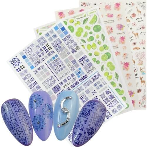 3D Stickers For Nails Geometric Flower Flamingo Cactus Fruit Slider Decals Purple Jewelry DIY Nail Art Decoration for Manicure