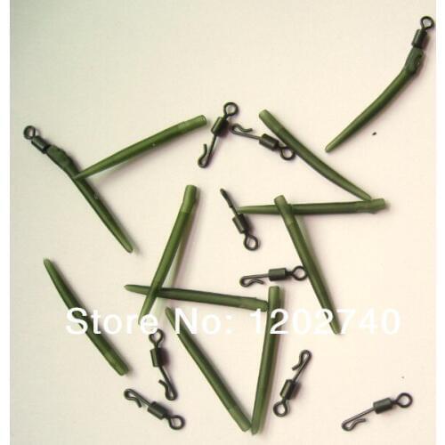 100 x Anti Tangle Rig Sleeves (soft) in Green / Brown + Matt Black Quick Change Swivels UK size 8 for Carp Fishings