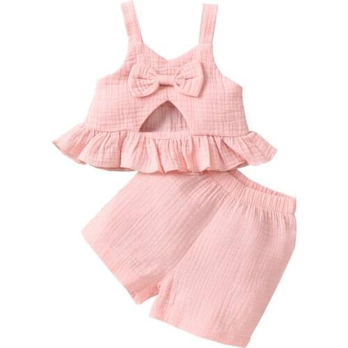 2 Pcs Newborn Solid Color Outfits, Baby Girls Cutout V-neck Ruffle Tank Top with Bowknot + Shorts