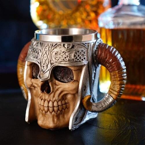 3D Skull Horn Knight Mug 600ml Beer Stein Tankard Coffee Cup Stainless Steel Viking Ram Horned Pit Lord Warrior Bar Drinkware