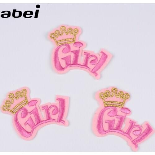 50pcs/lot Embroidery Patch Pink Girl Letter Gold Crown Prince Clothing Decoration Sewing Accessory Iron Heat Transfer Applique