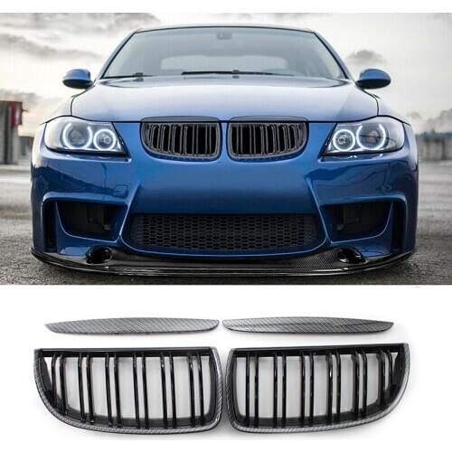 Car Carbon Fiber Look Front Kidney Grille Dual Slats Grill for BMW 3 Series E90 E91 2005-2008
