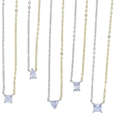 100% 925 Sterling Silver Geometric Single CZ Design Simple Delicate Thin Chain Prong Set Sparking White Single CZ Necklace