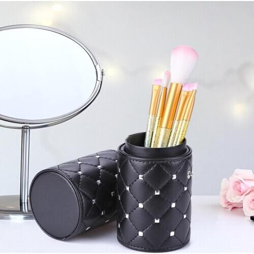 Cylinder Shape Makeup Brushes Box Excellent PU Cosmetic Storage Box Pencil Lipstick Holder Apricot Black and Powder