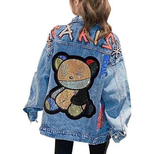 Jeans Jacket Women Streetwear Fashion Beading Cartoon Bear Denim Jacket Pocket Lapel Loose Long Sleeve Print Jeans Coat Female