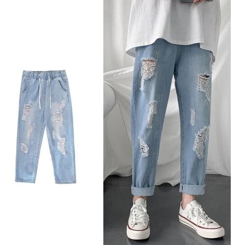 Men Jeans Size 5XL Plus Straight Loose Hole Ankle Length Elastic Waist Trendy High Street Ripped Males Baggy Vintage Trousers