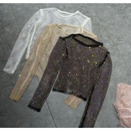 Disco Dancing T Shirts Women Bling Bling Rhinestones Pullovers Women Sexy Hot Lady Grid Gemstones T Shirts Tops