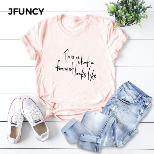 JFUNCY Letter Print 100%Cotton Summer T Shirt Women Short Sleeve T-shirt Female Tees Plus Size Casual Lady Basic Tops