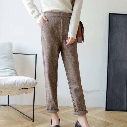 Cashmere wool pants autumn and winter womens high-waist straight nine-point suit pants loose casual harem pants foot pants