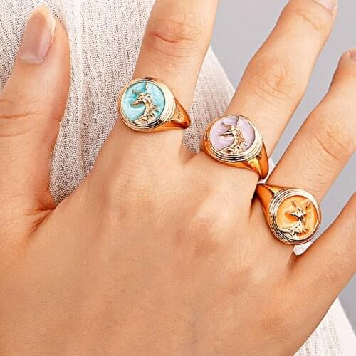 New Ins Vintage Colorful Unicorn Ring Simple Creative Metal Drop Oil Animal Unicorn Rings For Women Girls Fashion Jewelry Gift