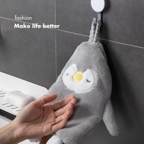 2Pcs Cute Cartoon Penguin Coral Velvet Soft Kids Cleaning Towel Absorbent Multi Purpose Hanging Type Wipe Hand Towel