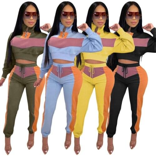 2 Two Piece Set for Women Colorblock Tracksuit Spring Autumn Clothes Pullover Zipper Up Crop Top and Pants Suits Casual Outfits