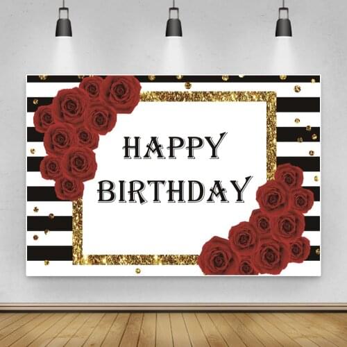 Laeacco Gold Glitter Stripe Happy Birthday Photography Backdrop Rose Flowers Party Decor Portrait Photo Backgrounds Photo Studio