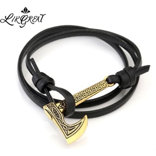 LIKGREAT Nordic Vikings Runes Axe Amulet Bracelets Supernatural Fehu Feoh Fe Knot Trinket Leather Axe Charm Bracelet Men Jewelry