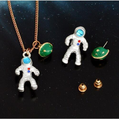 Fashion Astronaut Planet Pendant Necklace Stud earrings Cosmonaut Universe series Jewelry set For Women Men Friend Birthday gift