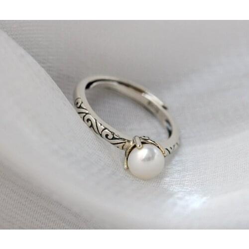 Authentic 925 Sterling Silver Ring Handmade Inlaid Natural Freshwater Pearl Opening Adjustable Rings Creative Retro Jewelry Gift