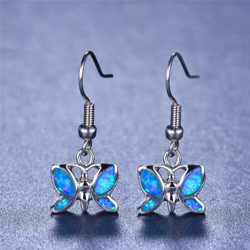 Girls Cute Animal Butterfly Drop Earrings For Women 925 Sterling Silver Filled Blue Fire Opal Earrings Wedding Piercing Jewelry