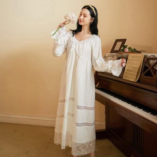 Spring Autumn Vintage Womens Long Nightgowns Princess Lace Embroidery Sleepwear Elegant Female Night Dress Sexy Nightwear