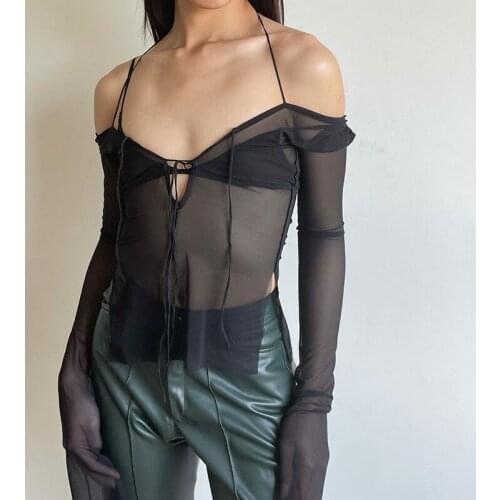 Goth Dark Y2k Punk Mesh See Through T-Shirts Women Cyber Sexy Summer Halter Tops Patchwork Slit Hem Clothes Lace Up Long Sleeve