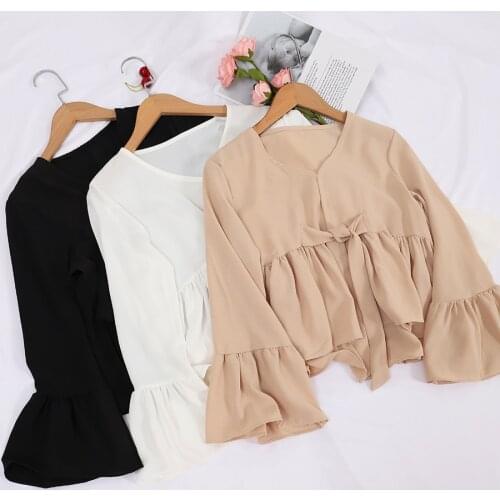 Summer Women V-Neck Flare Sleeve Bandage Strap Ruffles Bow Shirt Elegant Lady Short Slim Waist Pleated Chiffon Chic Blouse Tops
