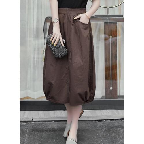 2020 New Summer Women Plus Size Solid Color Mid-Calf A-Line Skirts Female High Elastic Waist Button Office Ladies Skirt X353
